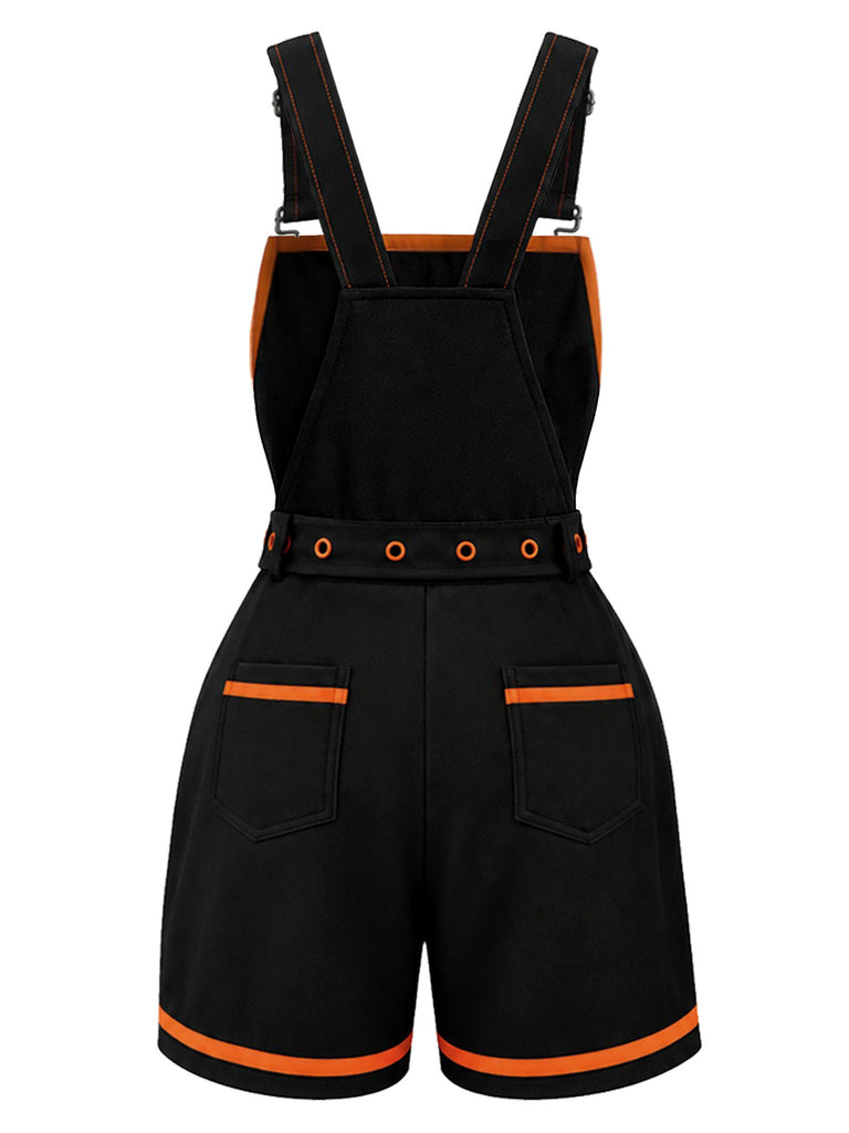 [Vorverkauf] Schwarzer 60er Halloween-Latzromper mit Kürbis und Taschen