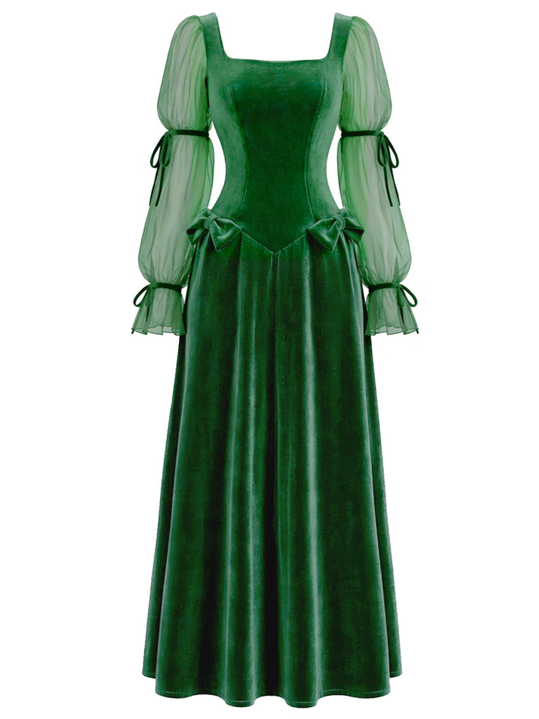 Grünes 30er Samtkleid mit Chiffonärmeln und Schleifen