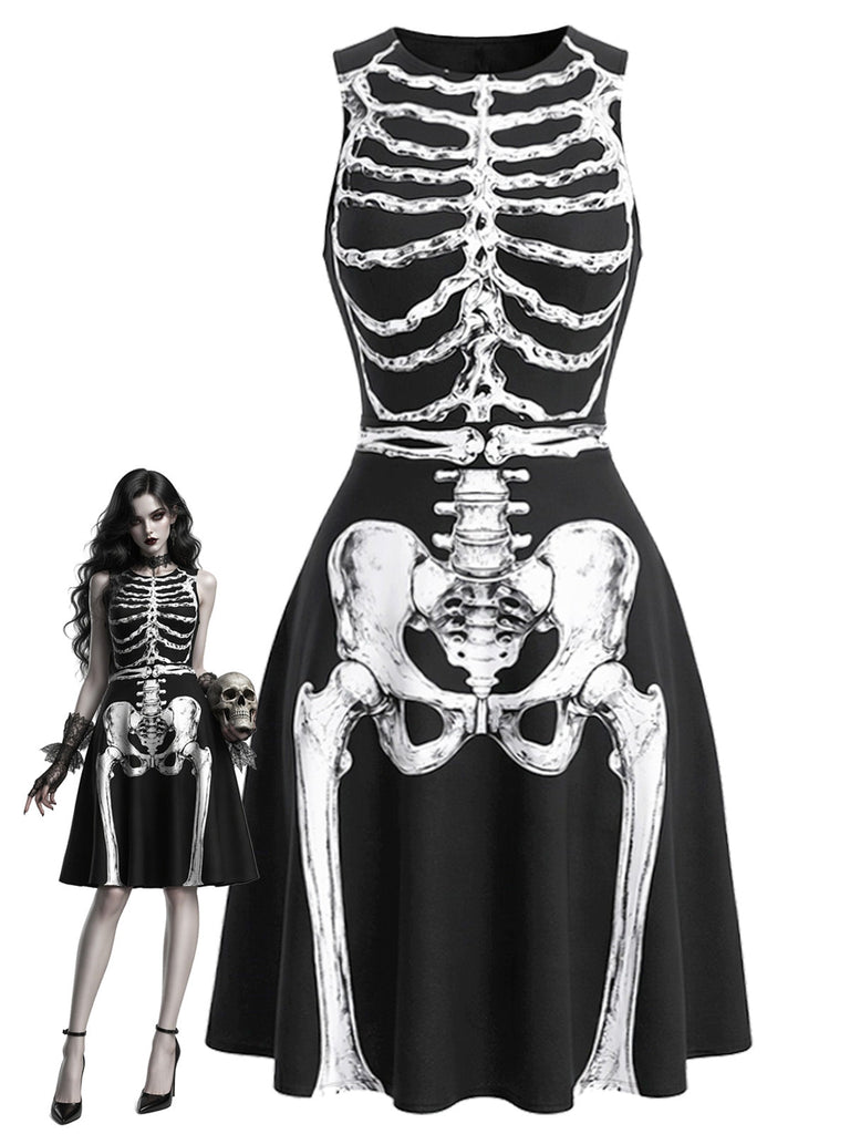 40er Halloween ärmelloses Kleid mit Skelett-Print