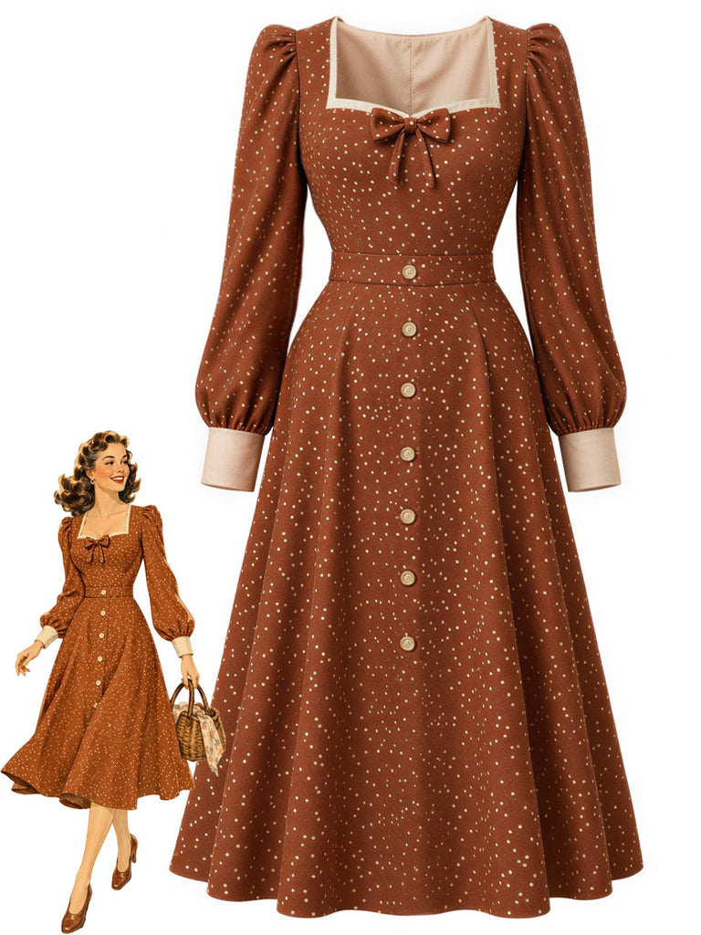 Karamellfarbenes 50er Kleid mit Polka-Dots und Schleife