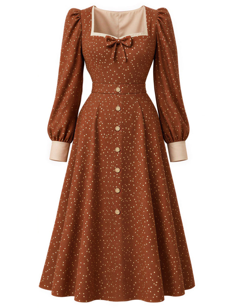 Karamellfarbenes 50er Kleid mit Polka-Dots und Schleife