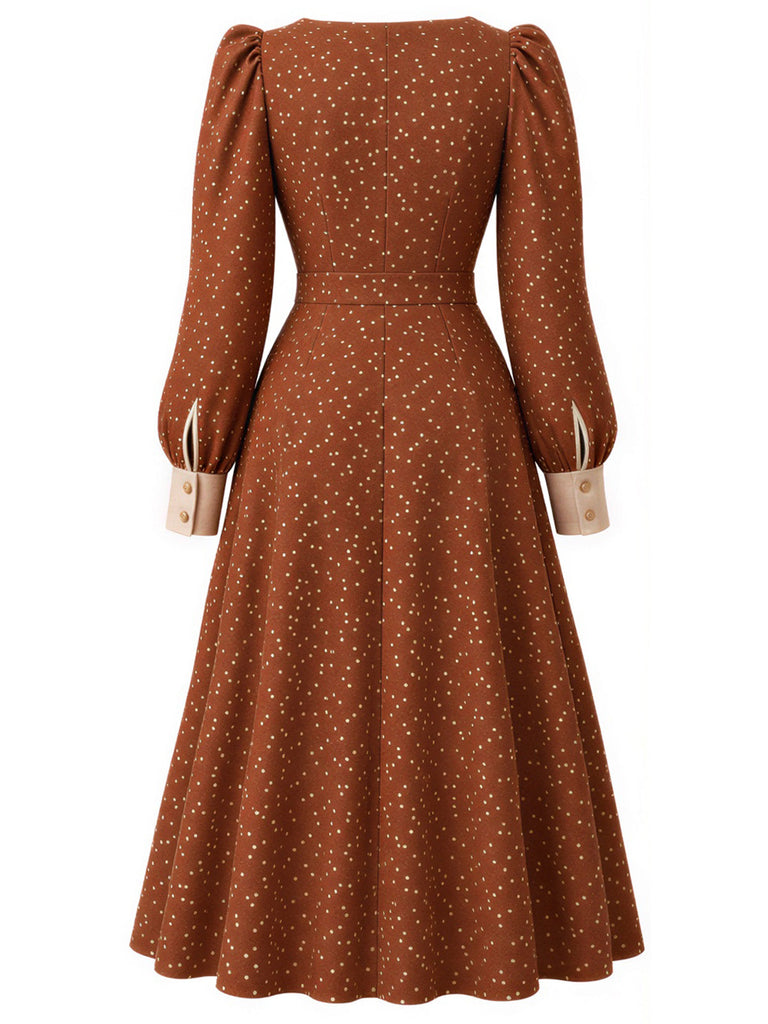 Karamellfarbenes 50er Kleid mit Polka-Dots und Schleife