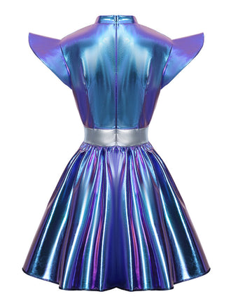 Lila 80er Minikleid mit Cut-out und Metallic