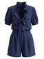 50er Set aus Puffärmel-Rüschenbluse mit Schleife und Shorts