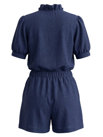 50er Set aus Puffärmel-Rüschenbluse mit Schleife und Shorts