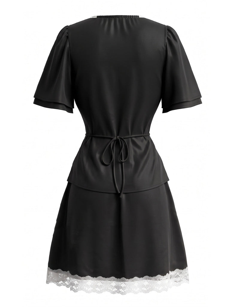 70er Satin Top & Rock Set mit Spitze