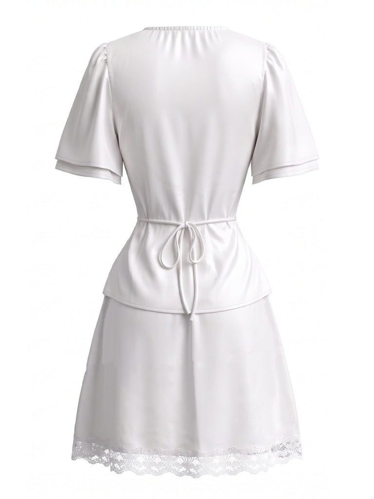 70er Satin Top & Rock Set mit Spitze