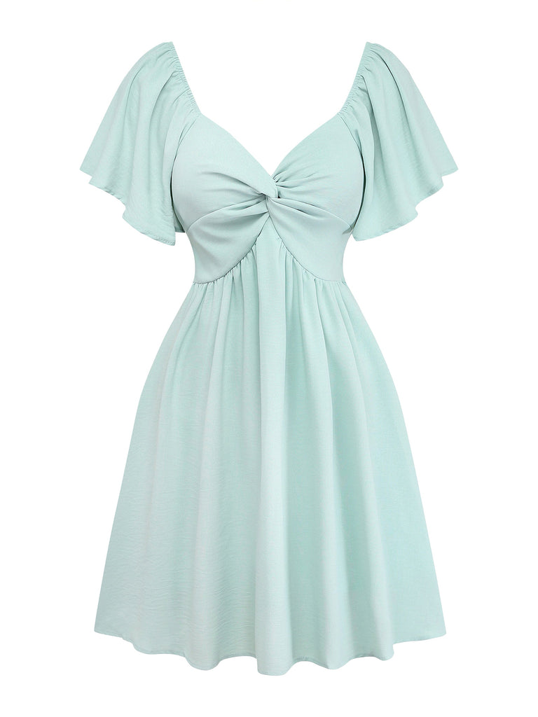 70er Kleid mit tiefem Ausschnitt, Volantärmeln und hoher Taille