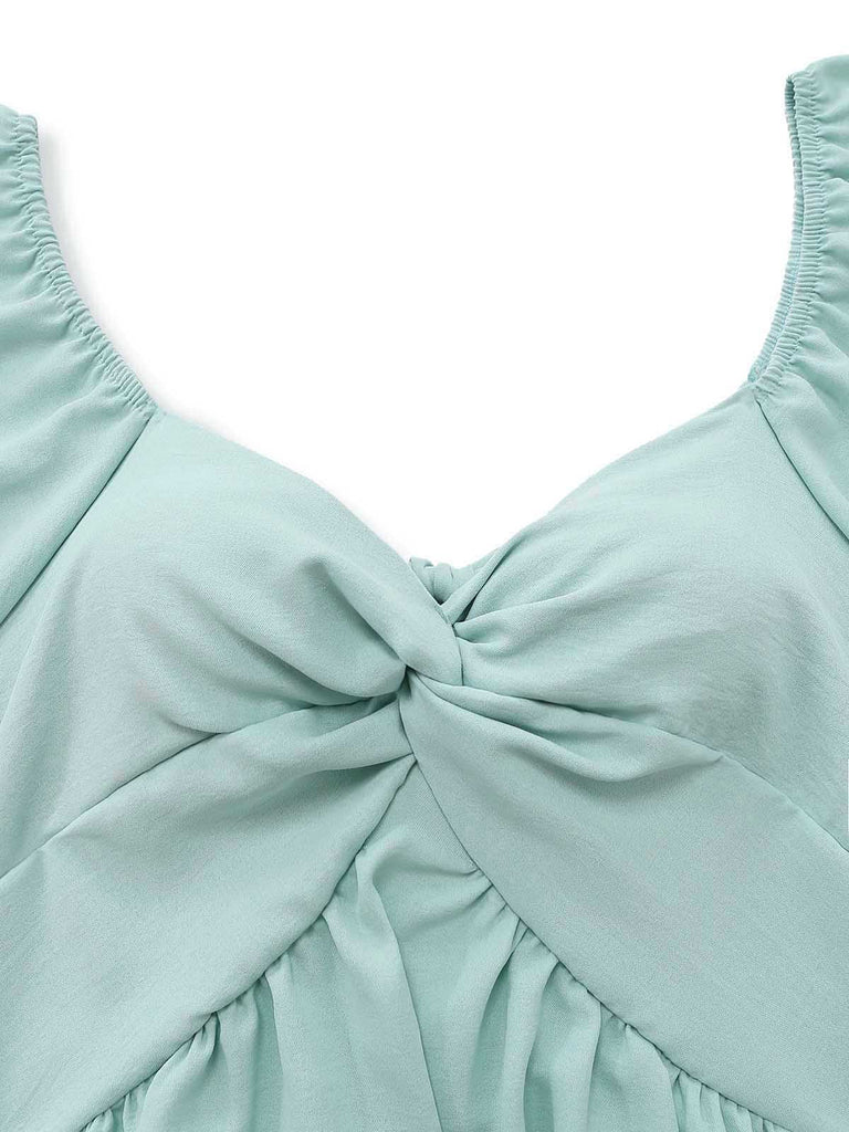 70er Kleid mit tiefem Ausschnitt, Volantärmeln und hoher Taille