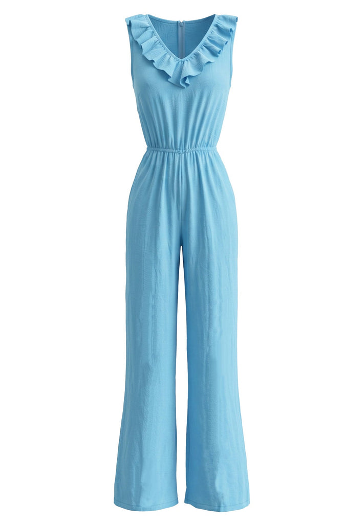 70er Ärmelloses Jumpsuit mit V-Ausschnitt und Rüschen