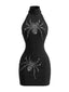 60er Halloween Bodycon-Kleid mit Strass-Spinnen und Neckholder
