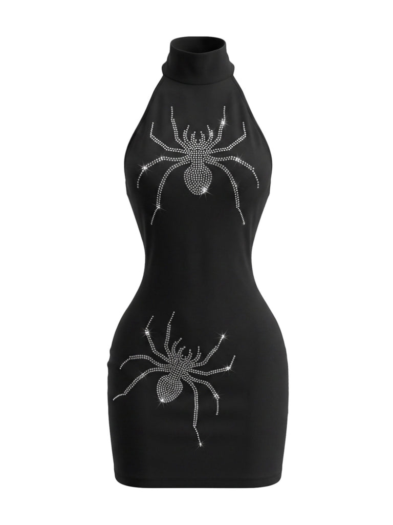 60er Halloween Bodycon-Kleid mit Strass-Spinnen und Neckholder