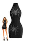 60er Halloween Bodycon-Kleid mit Strass-Spinnen und Neckholder
