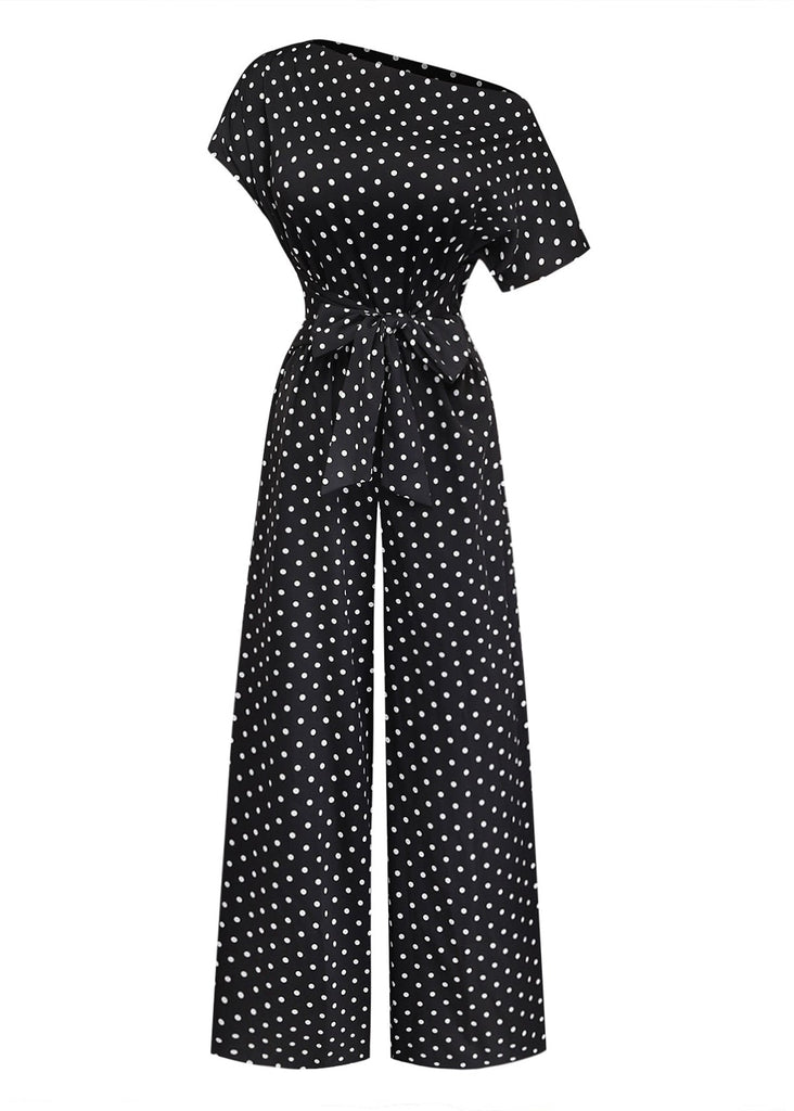 Schwarzer 50er Carmen-Jumpsuit mit Polka-Dots und Schleife