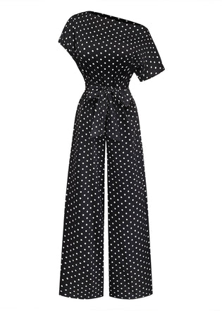Schwarzer 50er Carmen-Jumpsuit mit Polka-Dots und Schleife