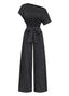 Schwarzer 50er Carmen-Jumpsuit mit Polka-Dots und Schleife