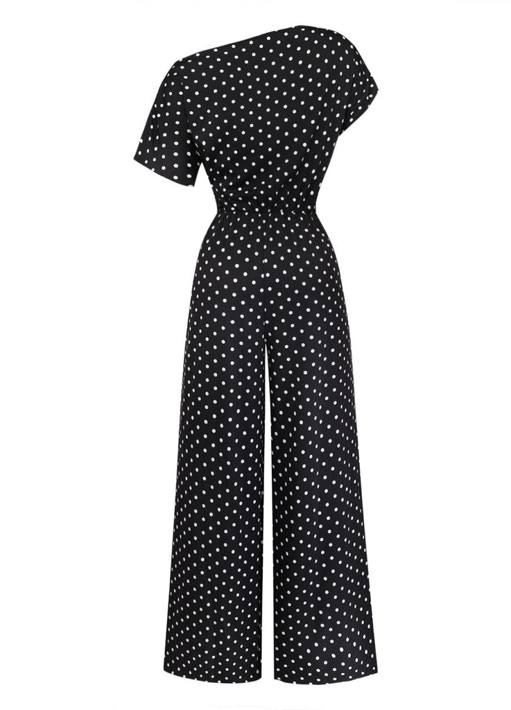Schwarzer 50er Carmen-Jumpsuit mit Polka-Dots und Schleife