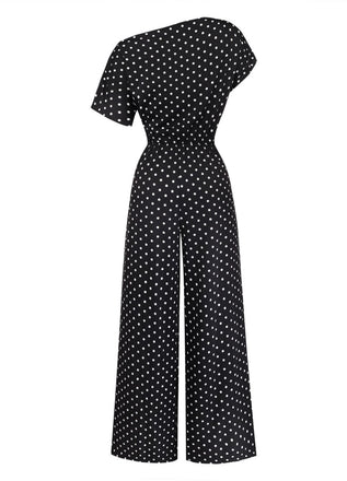 Schwarzer 50er Carmen-Jumpsuit mit Polka-Dots und Schleife