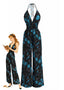 Schwarz-blauer 70er Neckholder-Jumpsuit mit Blumen-Print und weitem Bein