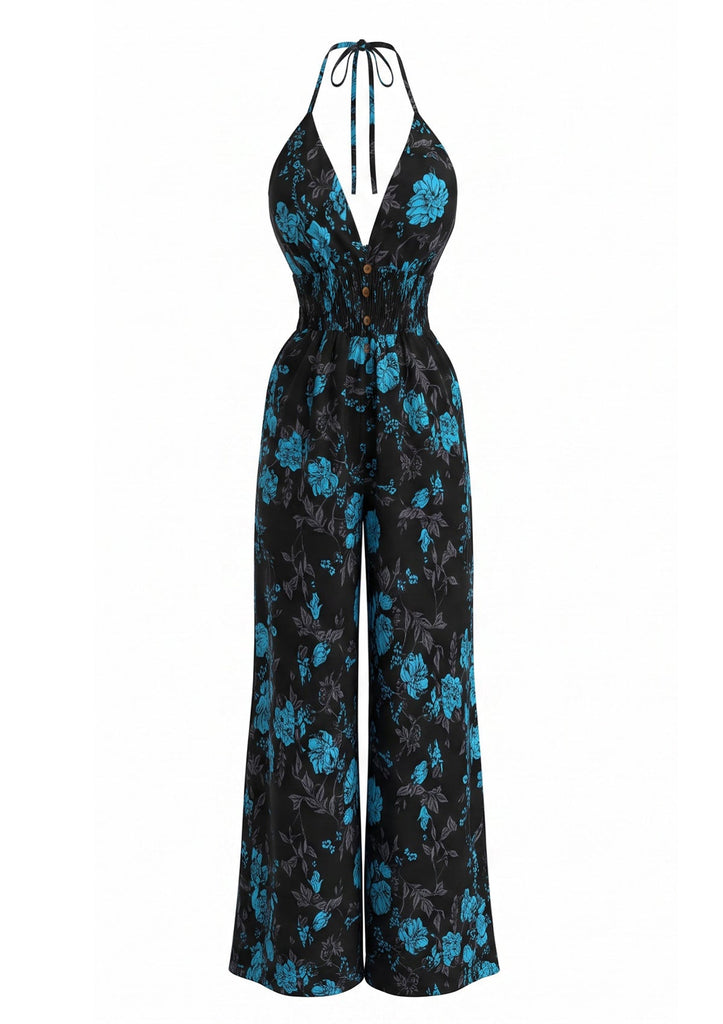 Schwarzer & Blauer 70er Jumpsuit mit Neckholder und Blumen