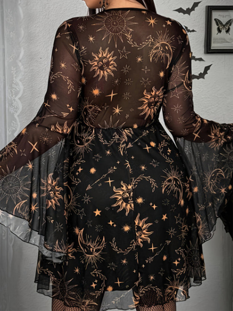 [Übergröße] Schwarzes 80er Meshkleid mit Kosmosprint