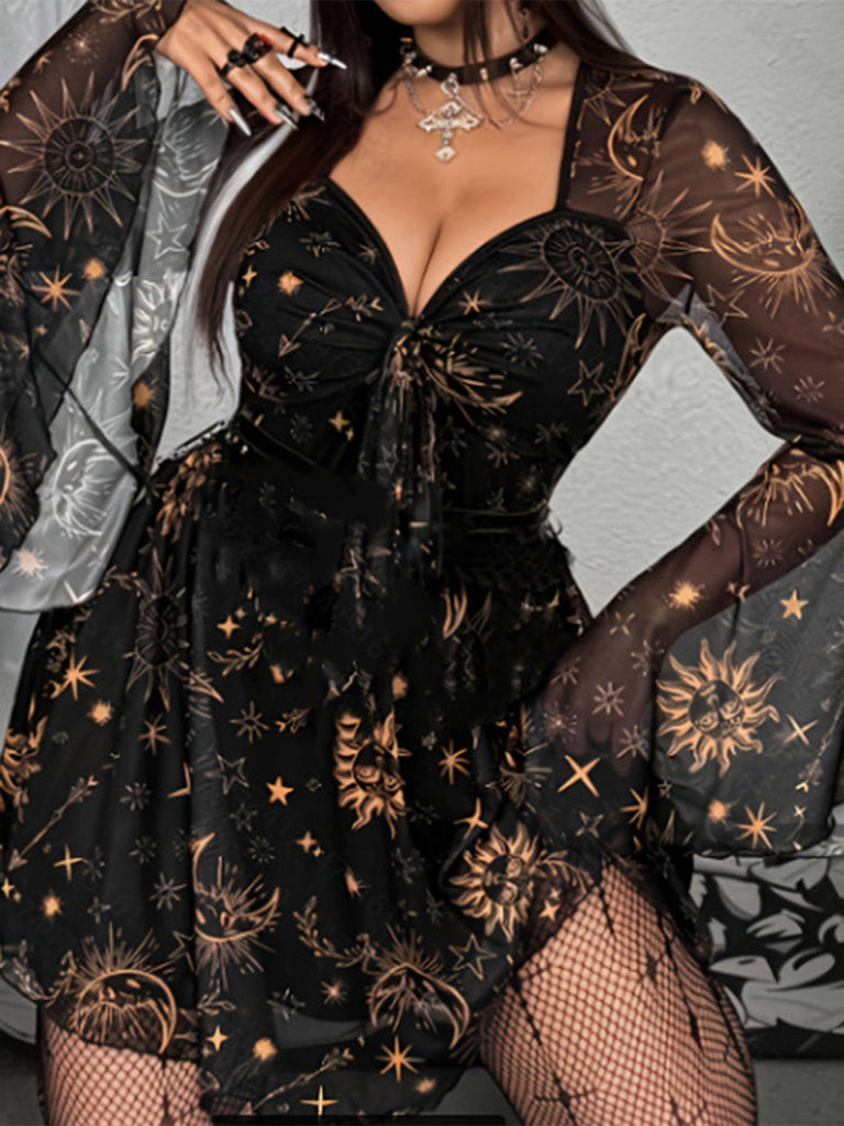 [Übergröße] Schwarzes 80er Meshkleid mit Kosmosprint