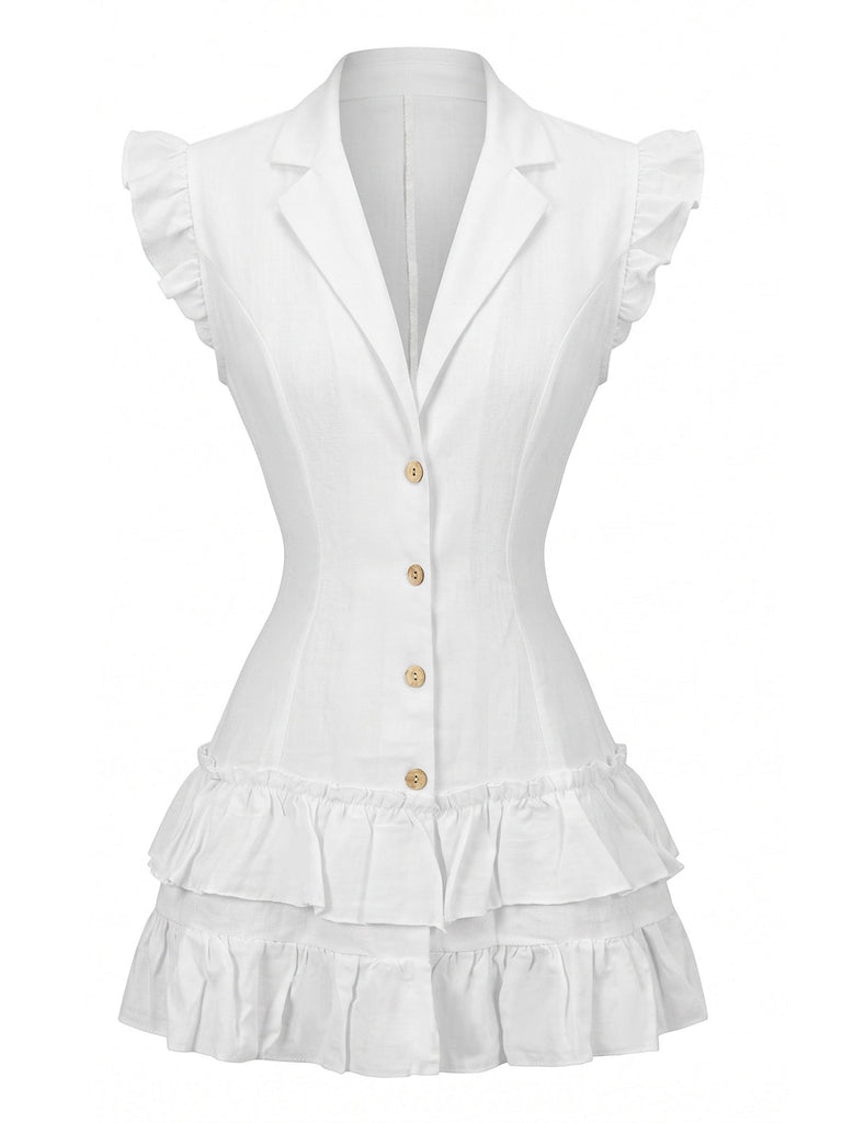 Weißes 70er Kleid mit Rüschen und Reverskragen