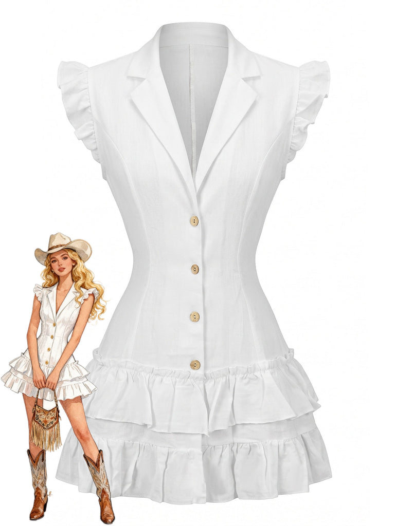 Weißes 70er Kleid mit Rüschen und Reverskragen
