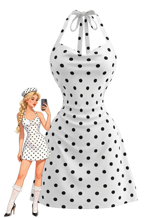 Weißes 80er Bodycon-Kleid mit Polka-Dots und Neckholder