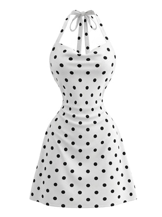 Weißes 80er Bodycon-Kleid mit Polka-Dots und Neckholder