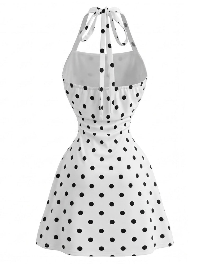 Weißes 80er Bodycon-Kleid mit Polka-Dots und Neckholder
