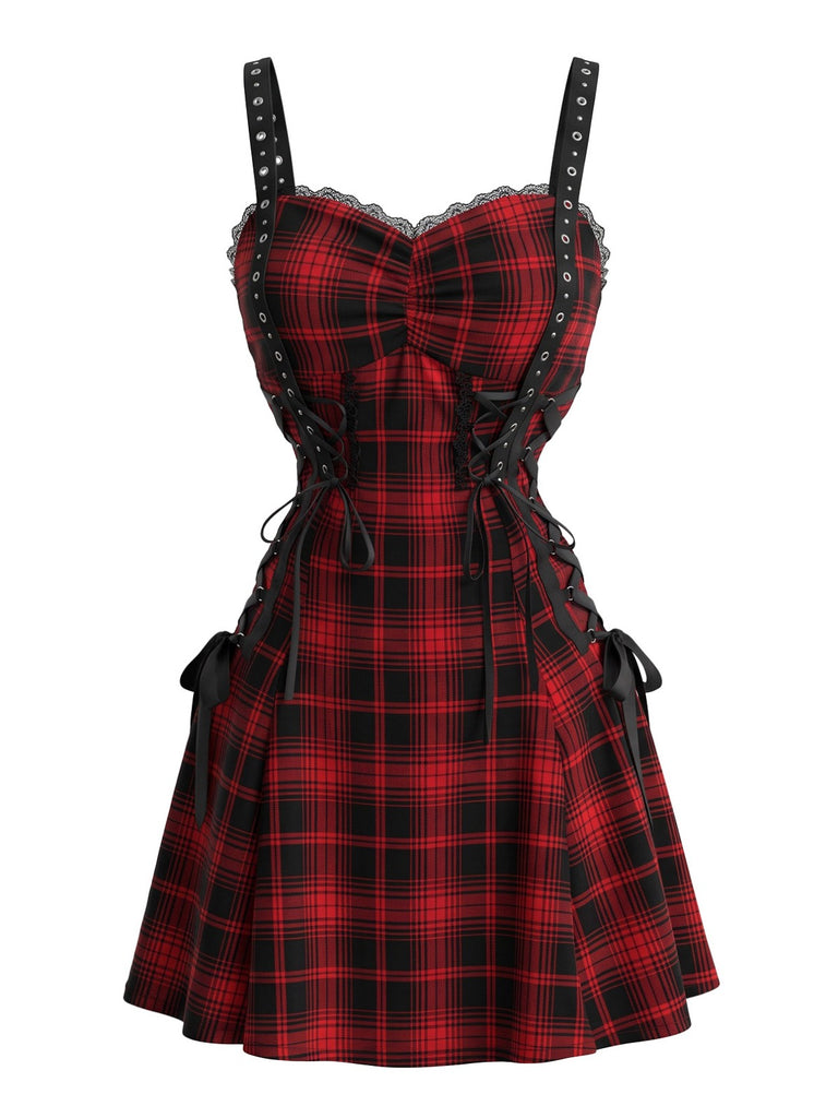 Rotes & Schwarzes 50er Halloween Kleid mit Karo und Schnürung