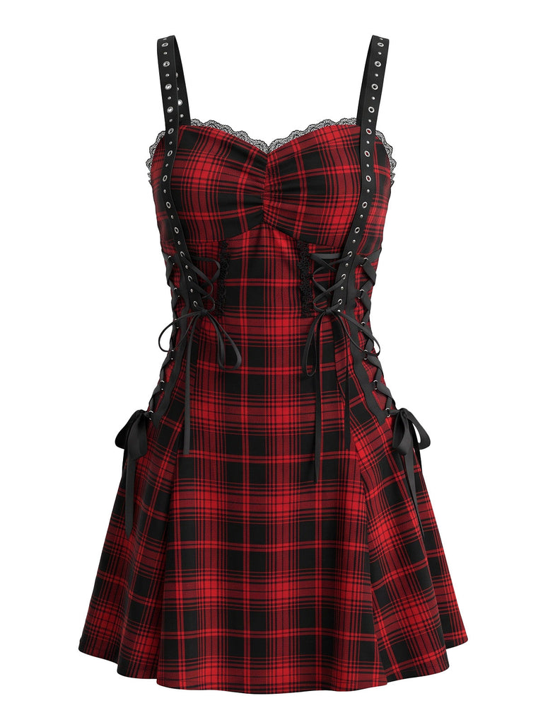 Rotes & Schwarzes 50er Halloween Kleid mit Karo und Schnürung