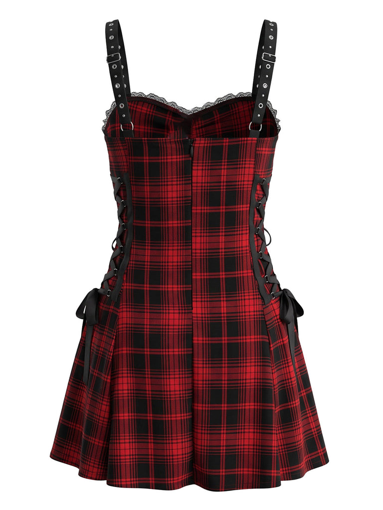 Rotes & Schwarzes 50er Halloween Kleid mit Karo und Schnürung