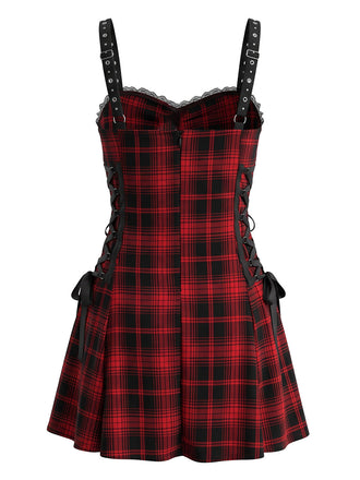 Rotes & Schwarzes 50er Halloween Kleid mit Karo und Schnürung
