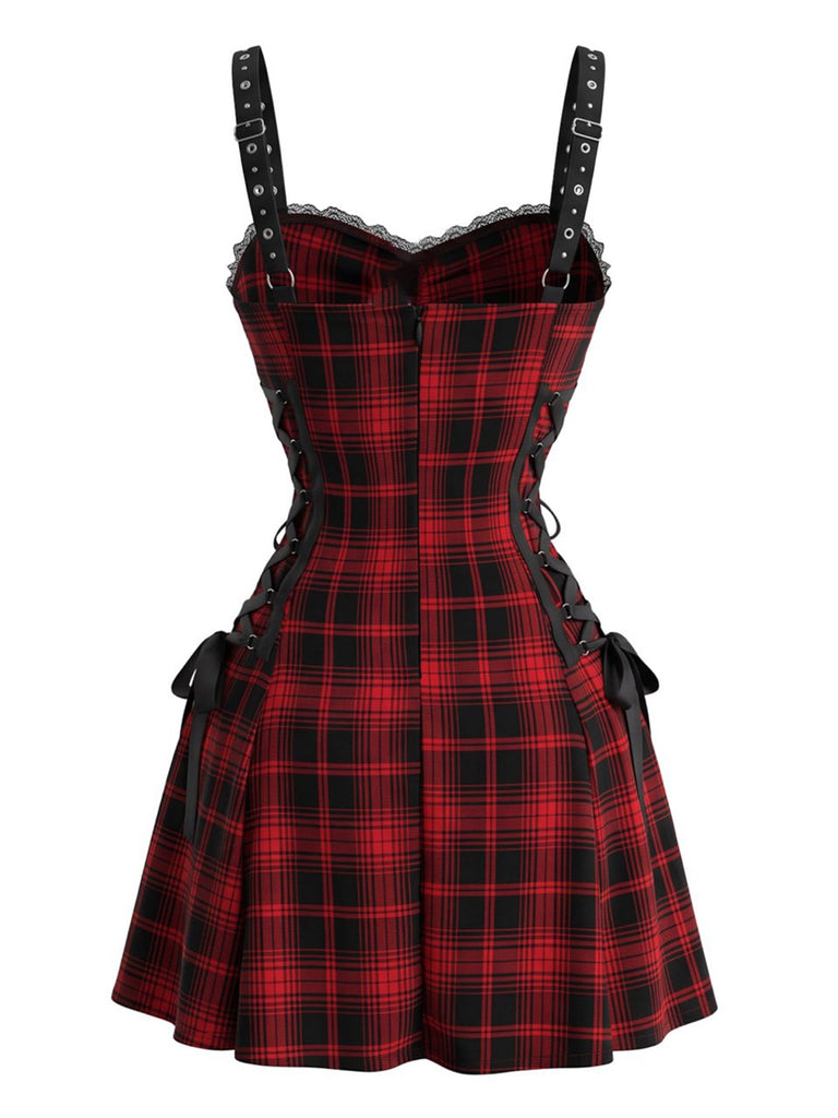 Rotes & Schwarzes 50er Halloween Kleid mit Karo und Schnürung