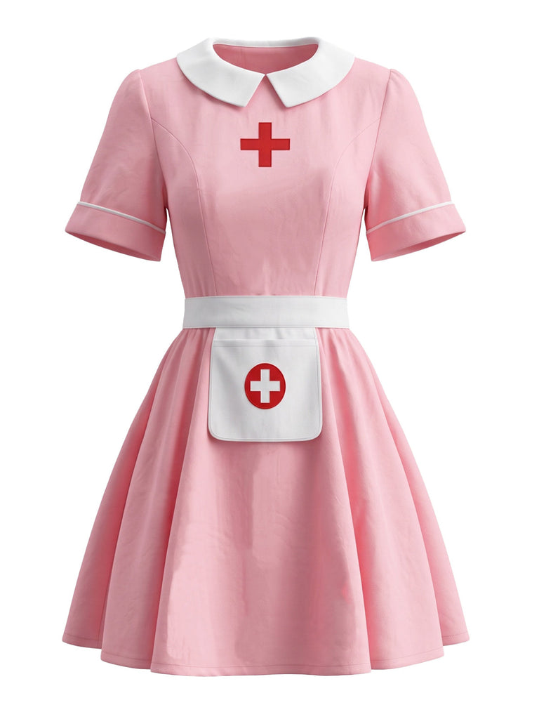 Rosa 70er Krankenschwester-Kostümset mit Peter-Pan-Kragen