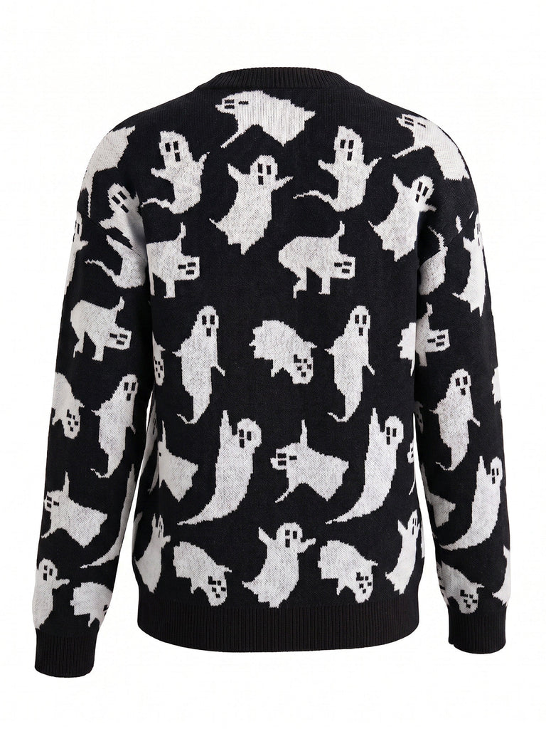 Oranger 40er Halloween-Strickpullover mit Geister-Print
