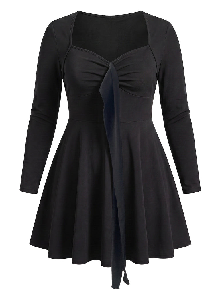 [Übergröße] Schwarzes 50er Langarm-Swingkleid mit Herzausschnitt