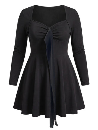[Übergröße] Schwarzes 50er Langarm-Swingkleid mit Herzausschnitt