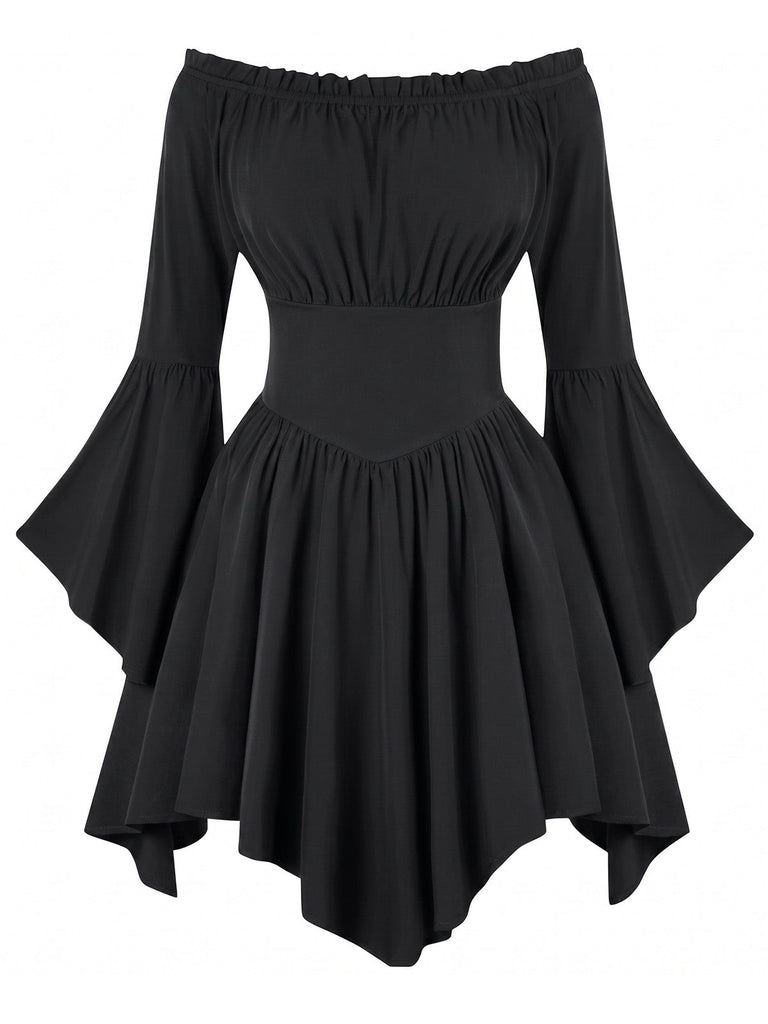 40er schulterfreies Smockkleid mit Raffung und Fledermaus