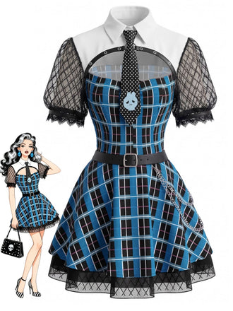 Blaues 70er Gothic Schulmädchenkleid mit Karos und Netzärmeln