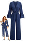 70er Jumpsuit in Wickeloptik mit V-Ausschnitt und Glockenärmeln