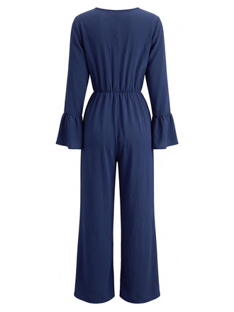 70er Jumpsuit in Wickeloptik mit V-Ausschnitt und Glockenärmeln