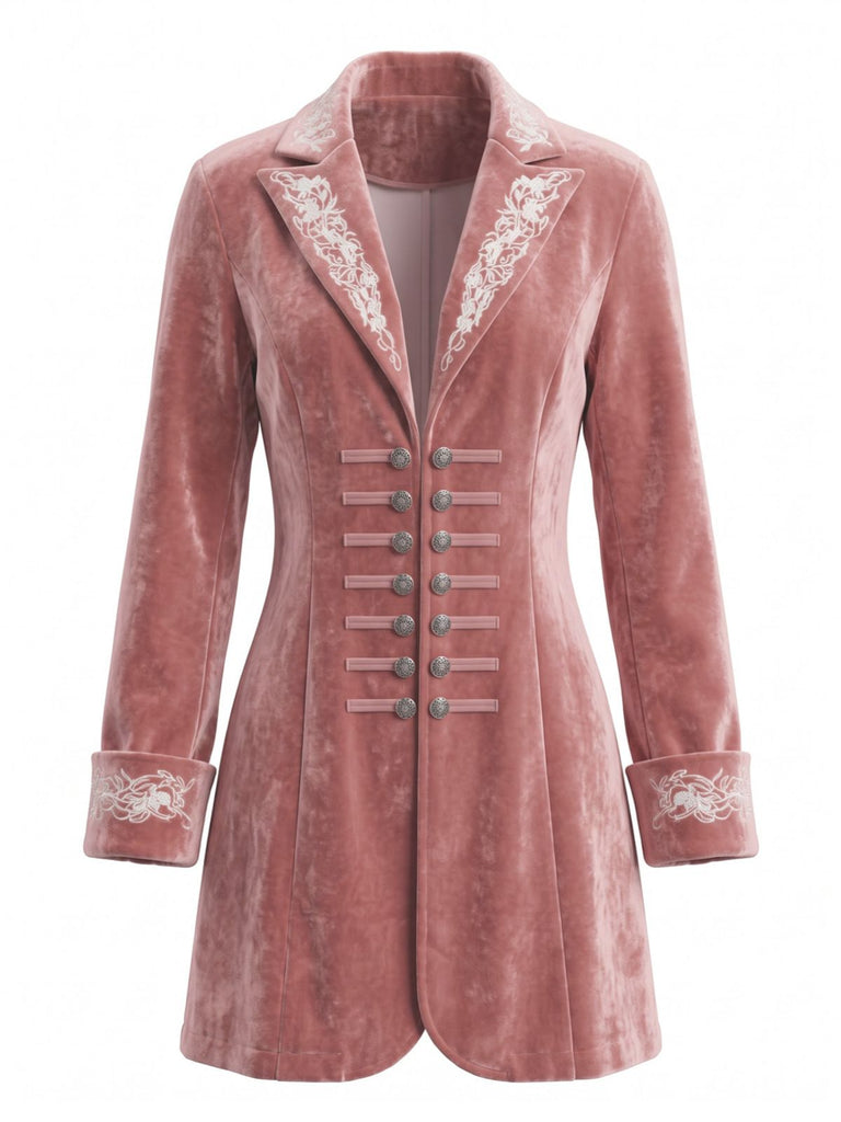 Rosa 50er Samtjacke mit Blumenstickerei und Revers