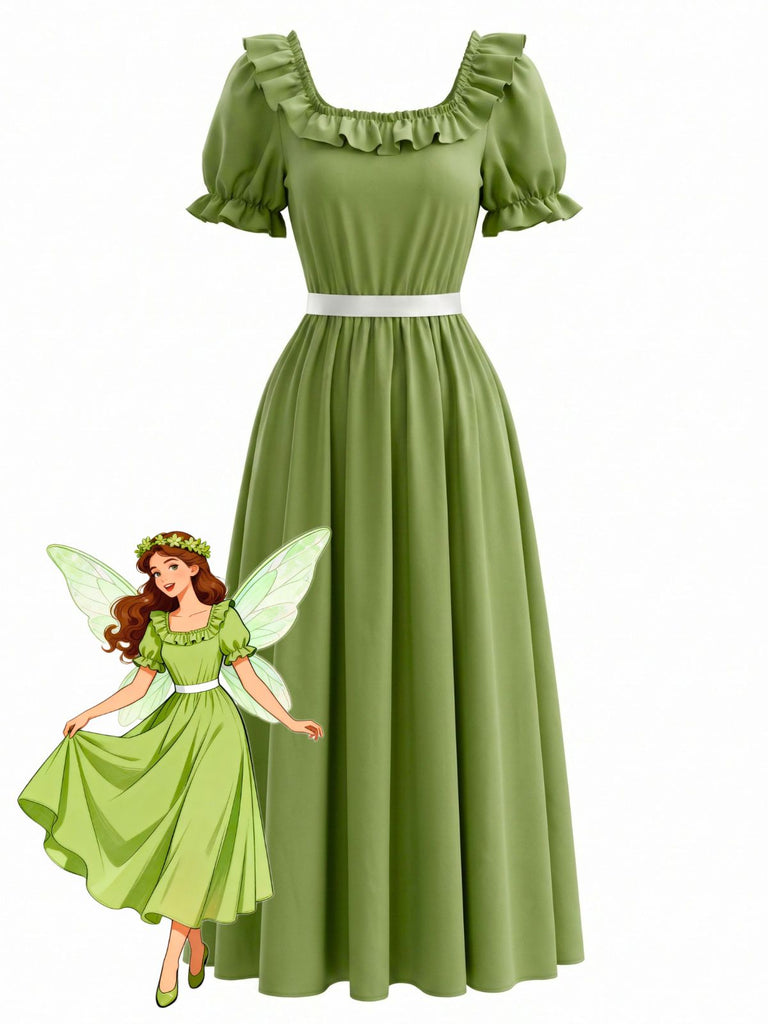 Grünes 70er Maxikleid mit Eckiger Ausschnitt und Rüschen