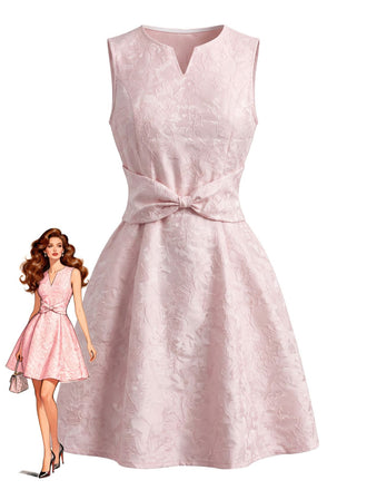 Rosa 60er Ärmelloses Jacquard-Kleid mit Schleife und A-Linie