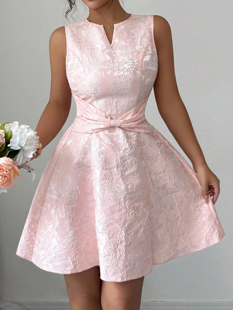 Rosa 60er Ärmelloses Jacquard-Kleid mit Schleife und A-Linie