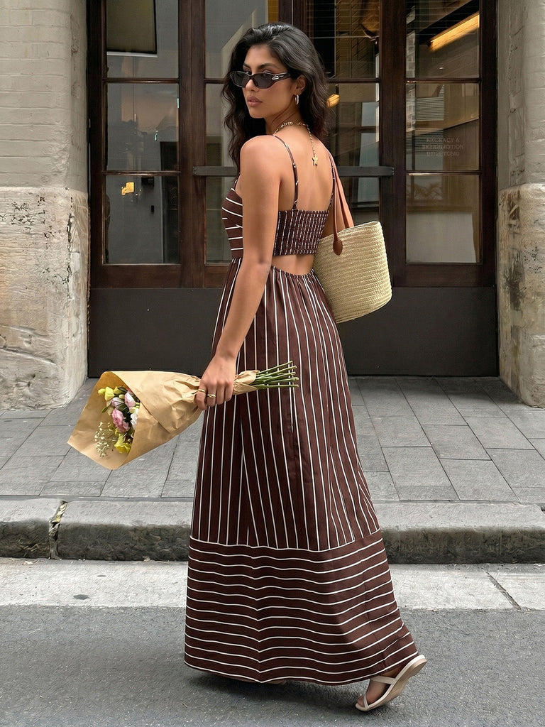 Braunes 30er Maxikleid mit Spaghettiträger und Cut-out