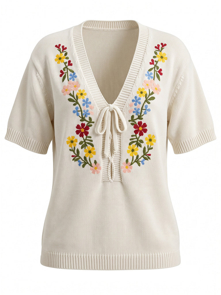 Beige 40er Strick-Top mit Blumen und Vorderbindung